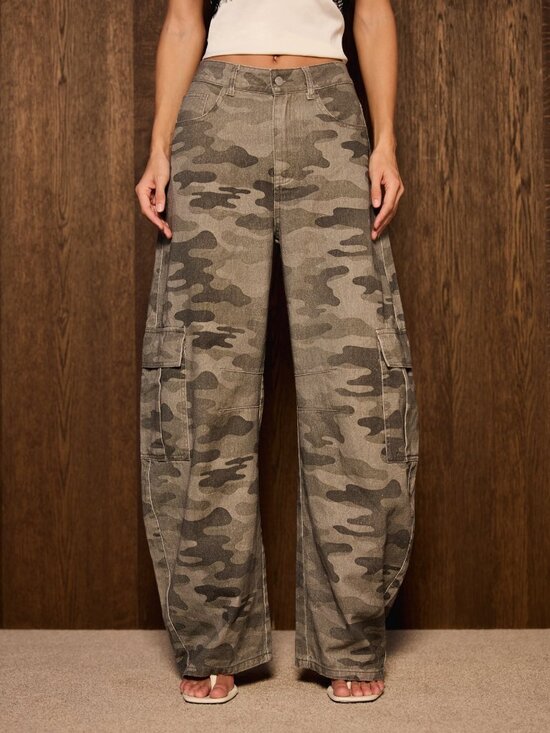 Denim - Multicolor Casual Women's Wide Leg Camo Cargo High Rise Pants